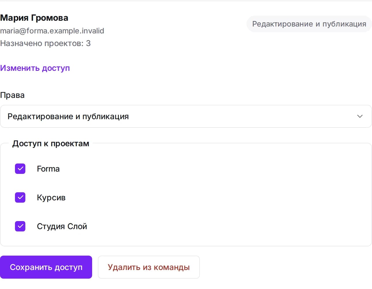 Настройка доступа участника: права на редактирование и публикацию, выбор проектов Forma, Курсив и Студия Слой