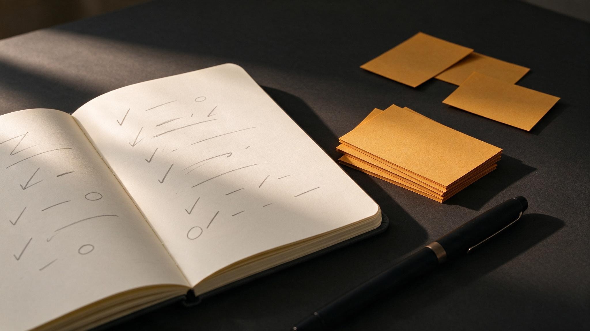 A paper planner and ochre cards arranged on a charcoal desk