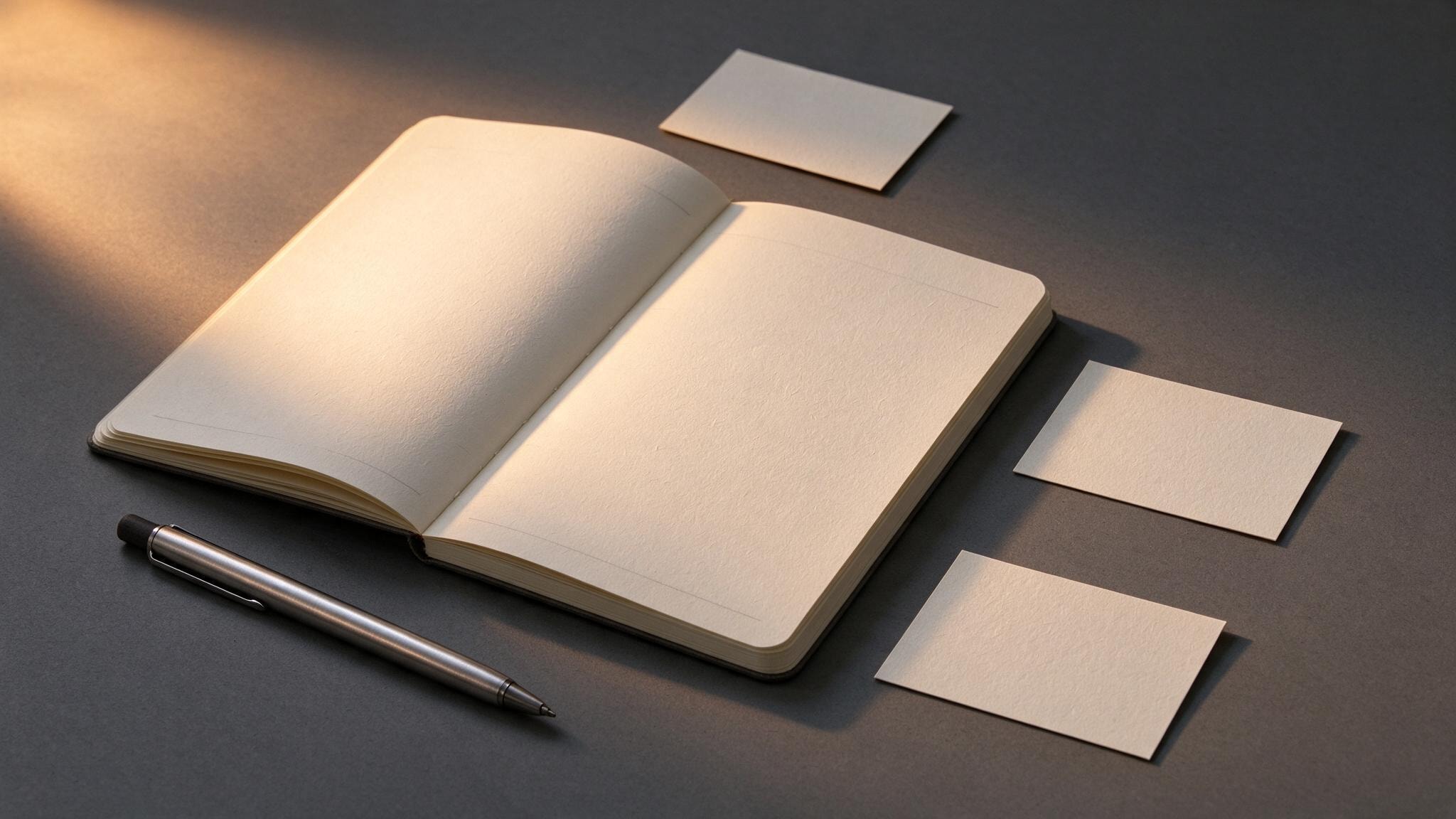 Notebook, index cards and a steel pen in warm side light