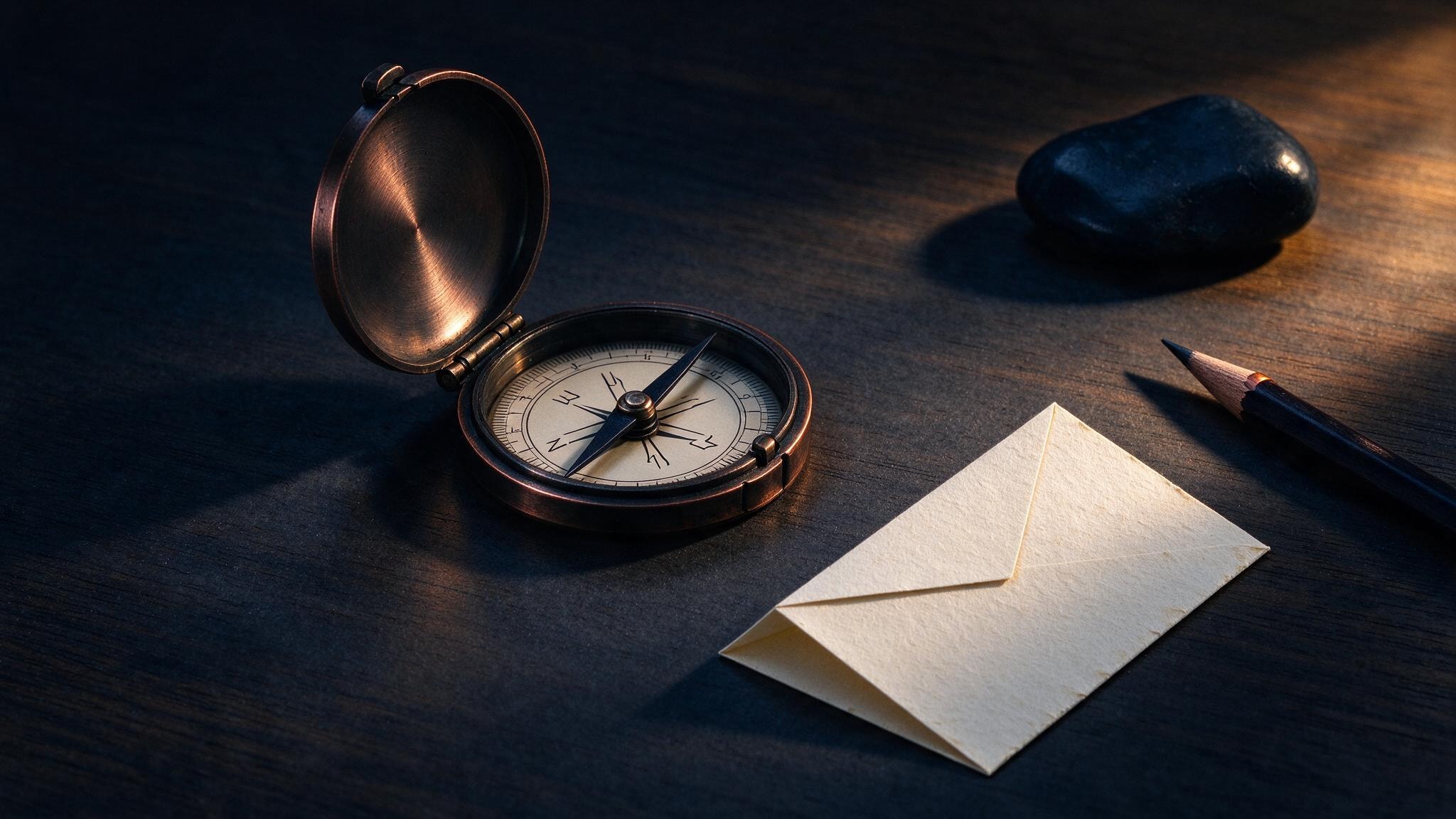 Медный компас, карандаш и карточка на тёмной деревянной поверхности