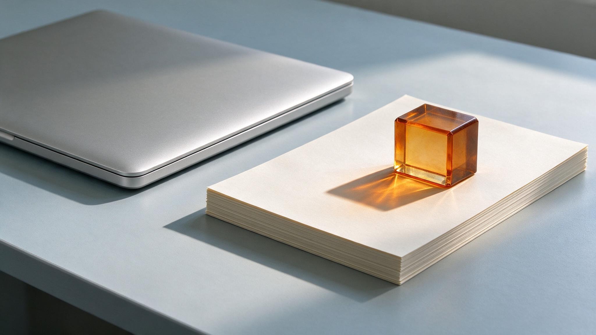 Work records, a laptop and an amber glass block on a light desk